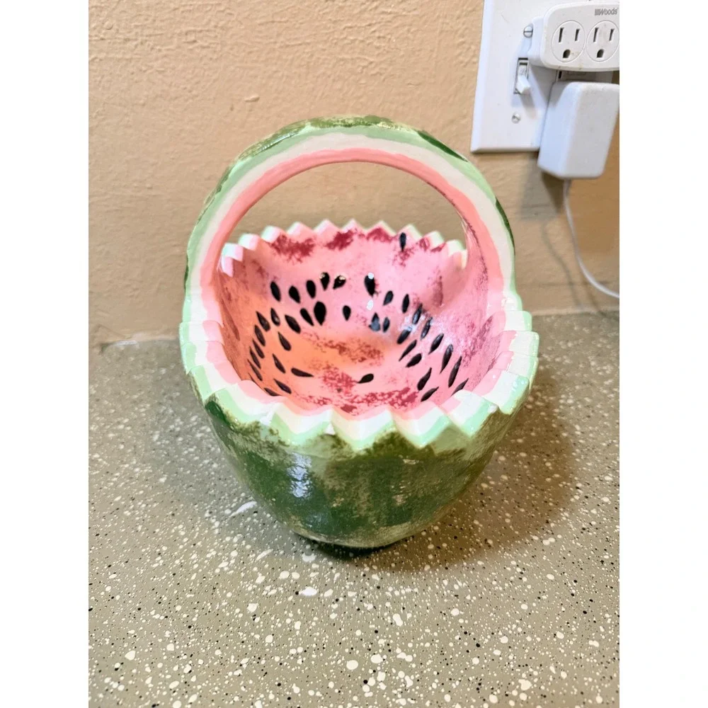 Vintage‎ Watermelon Ceramic Basket Hand Painted Pink Green Fruit Decor 11in